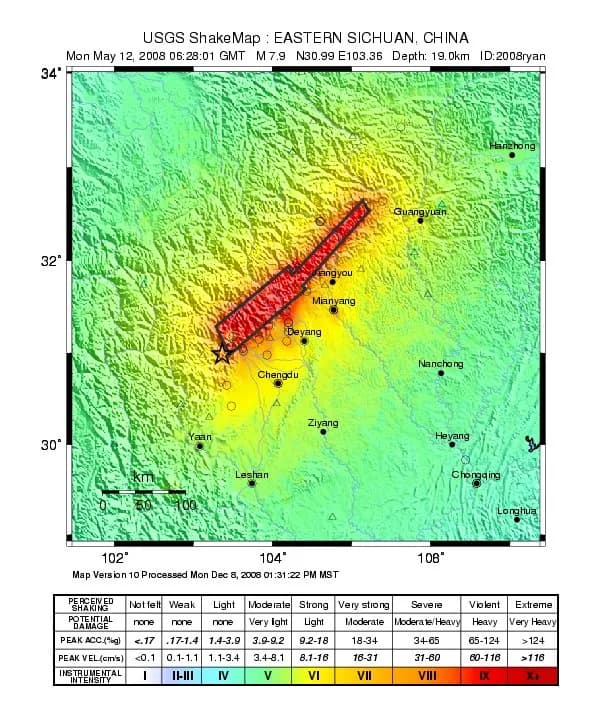 Shake map of the 7.9 magnitude earthquake in Sichuan, China on May 12, 2008.