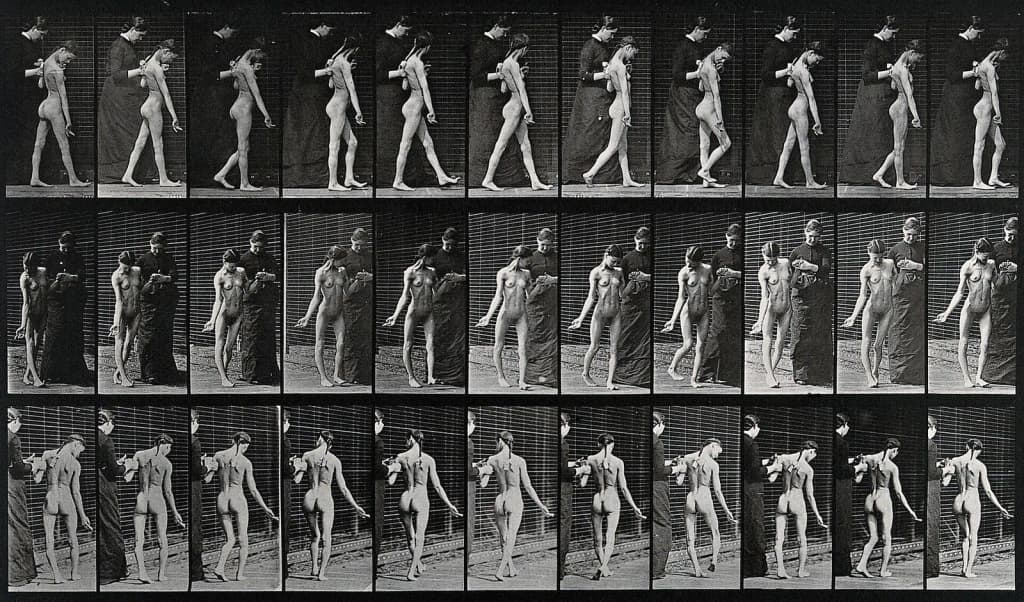 A girl with multiple cerebral-spinal sclerosis walking with a nurse. Photogravure after Eadweard Muybridge, 1887. Iconographic Collections Keywords: Sclerosis;