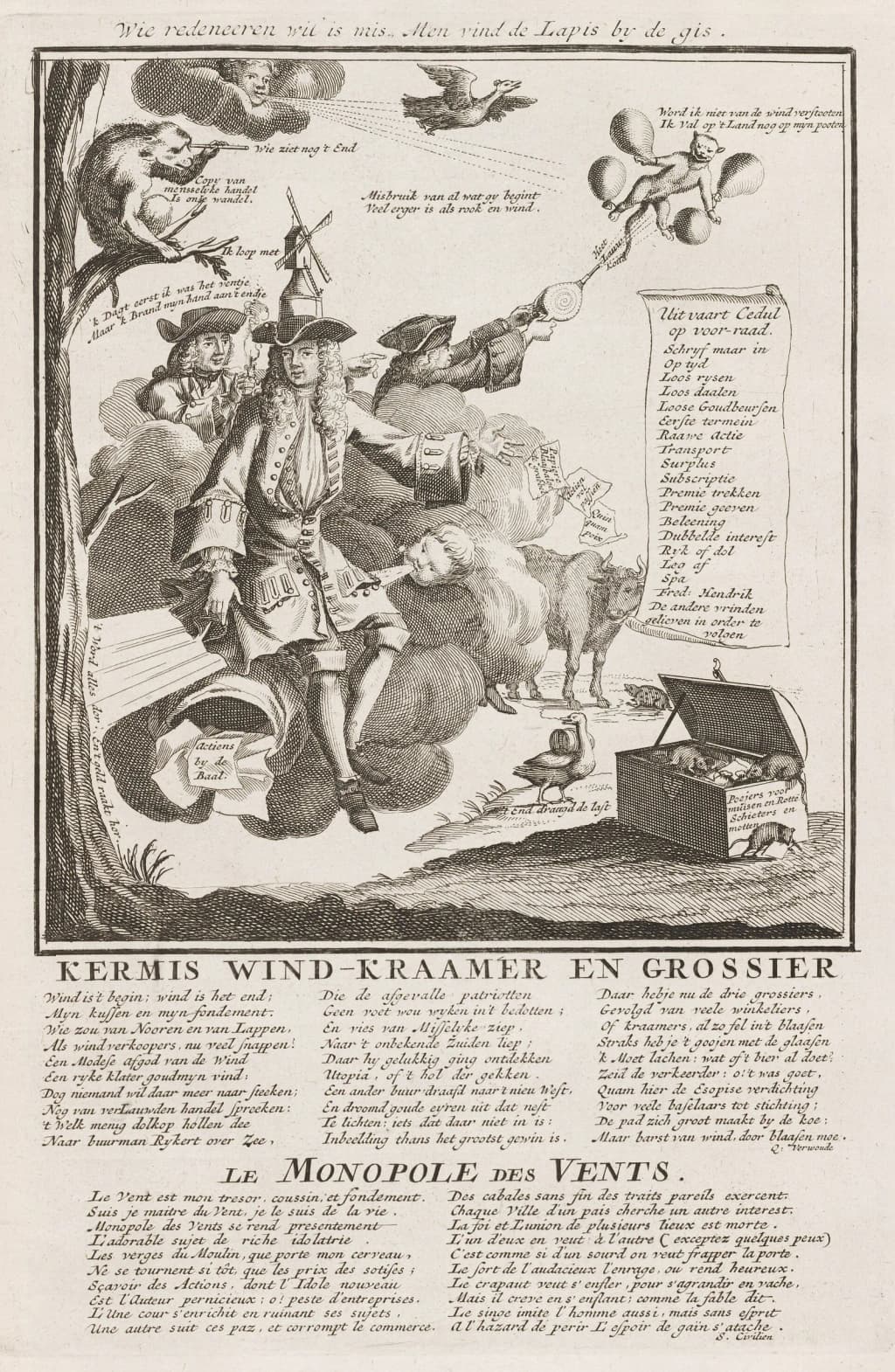 Het groote Tafereel der dwaasheid (1720). English title: The Great Mirror of Folly. This is an anonymous book written in Dutch. A satire of the world of finance. It features a caricature of the Scottish economist John Law and the Windhandel. The failure of John Law's Mississippi Company led to the French national bankruptcy in 1720.