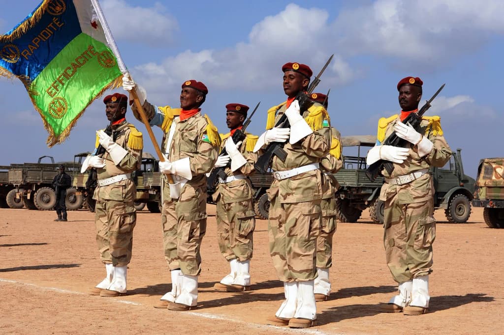 Members of the Djibouti Army stand at attention at the closing ceremonies of the multi-national, Eastern Africa Standby Force Field Training Exercise in Grand B
