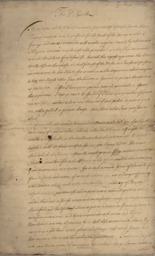 A scan of the first page of the transcript third May Day speech given on 1 May 1699 at the College of William & Mary in Middle Plantation, Virginia. Likely writ