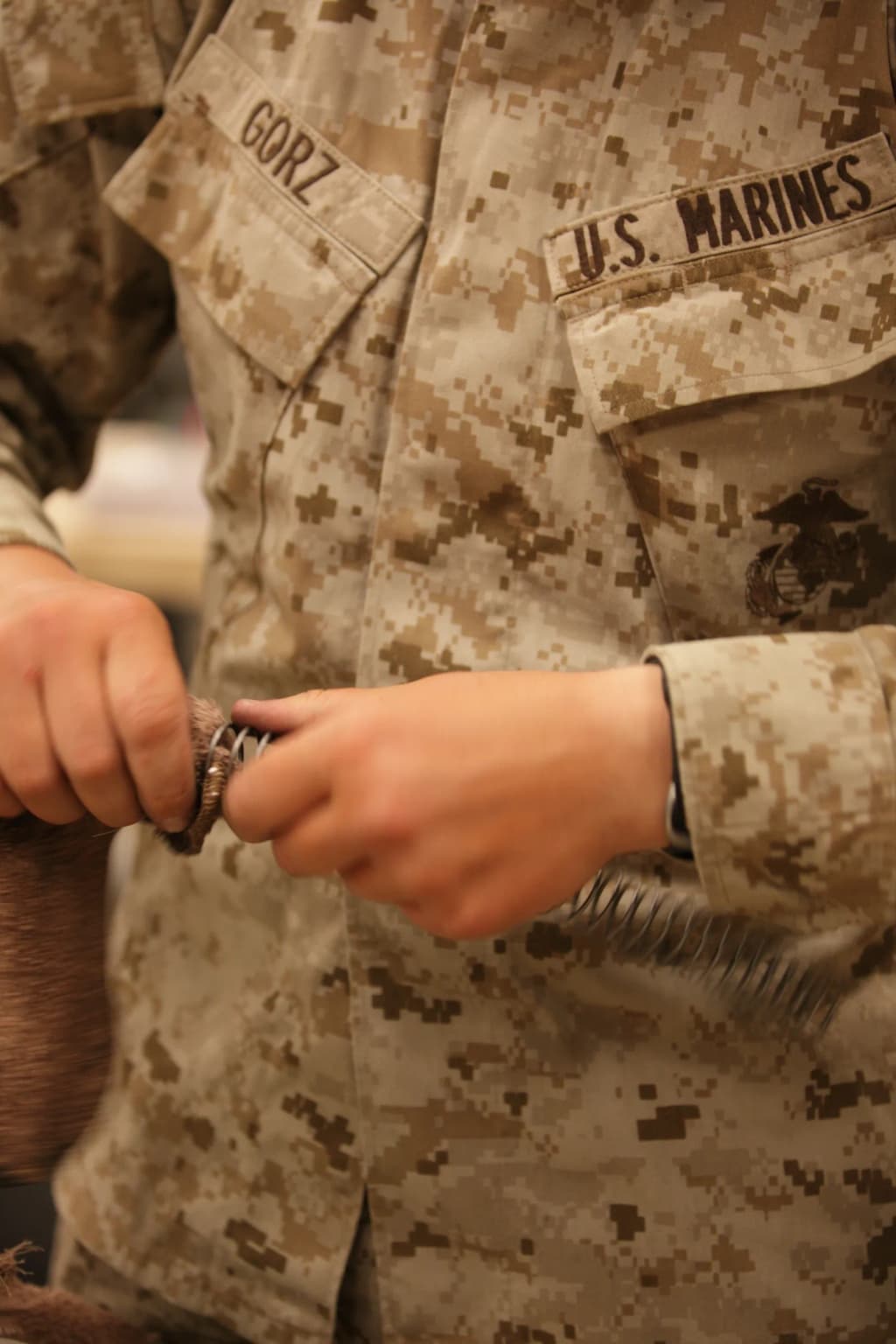 U.S. Marine Corps Private First Class Katie M. Gorz of Delta Company, Infantry Training Battalion (ITB), School of Infantry - East (SOI-E) cleans the buffer spr