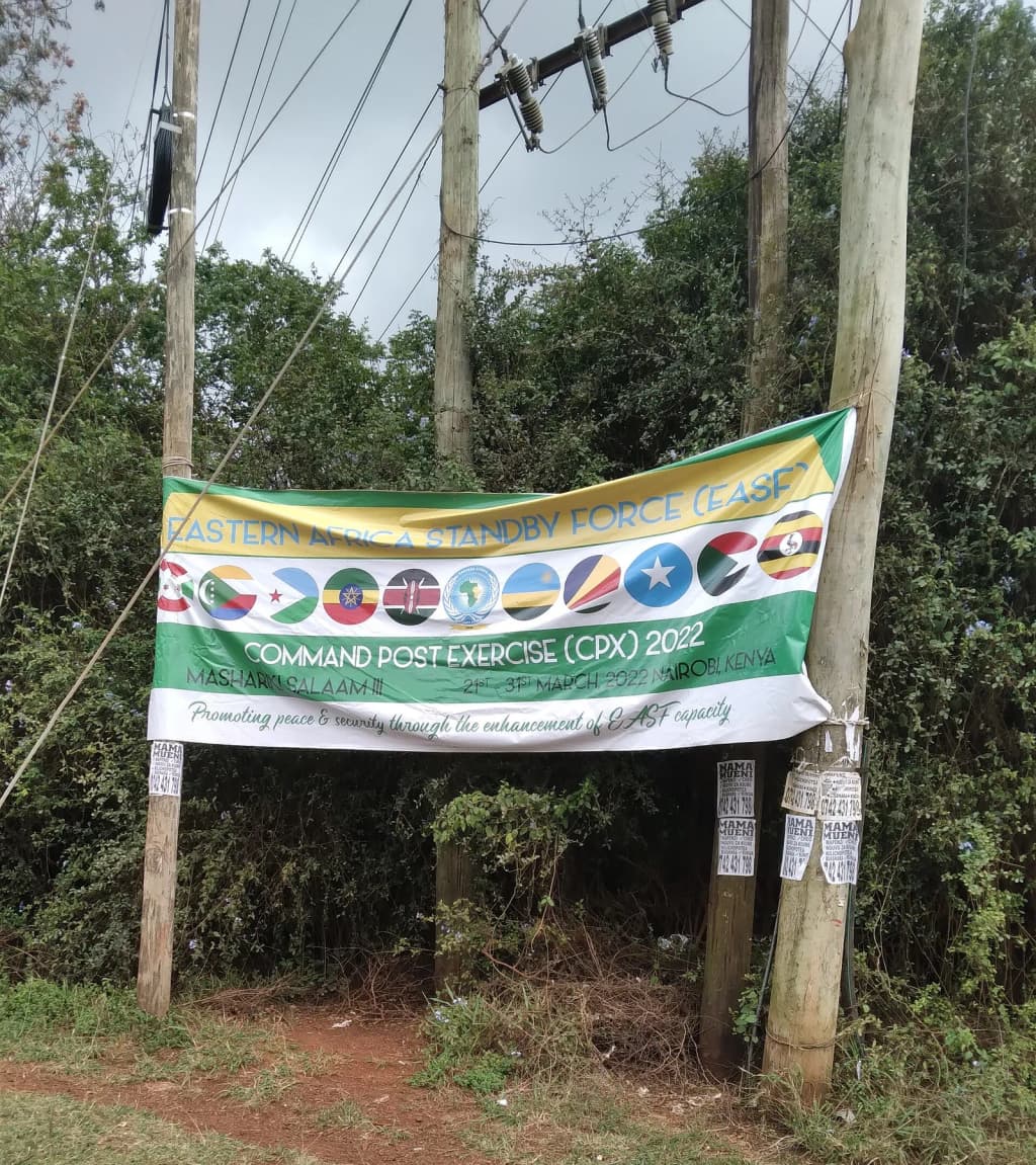 Sign publicising "Mashariki Salaam III," a Command Post Exercise for the Eastern Africa Standby Force, 21-31 March 2022, Nairobi, Kenya