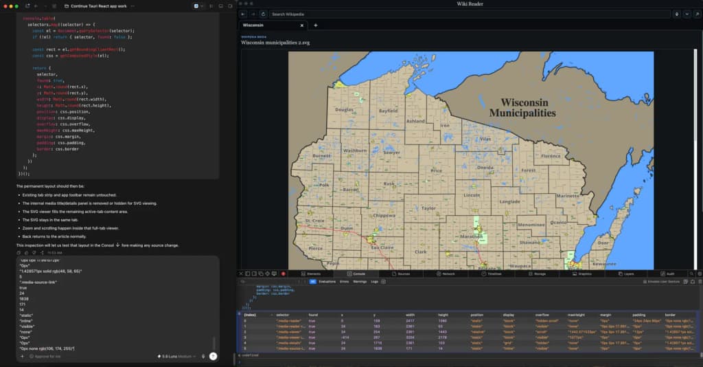 Screenshot of OpenAI Codex working with the Tauri application framework and using the DOM inspector to do diagnostics and tests and optimizing the app before wr