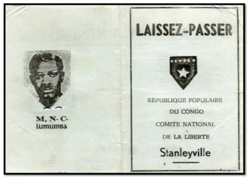 Official pass of the People's Republic of the Congo (Stanleyville), issued by the Conseil National de Libération. A picture of Patrice Lumumba is on the left pa