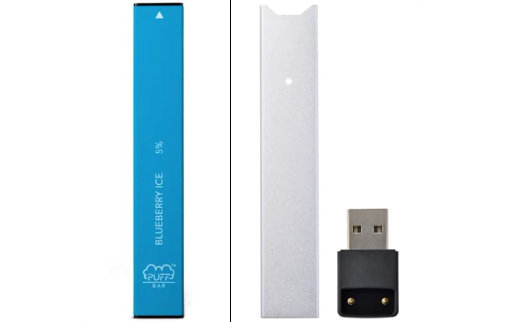 Puff Bar and JUUL comparison. Left: Puff Bar device; right: JUUL device.