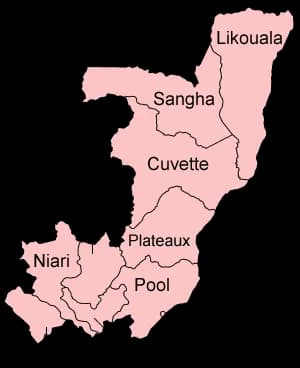 Map of the regions of the Republic of the Congo as they were from 1980 to 1995. In 1980, the capital commune of Brazzaville was split from Pool region. On Febru