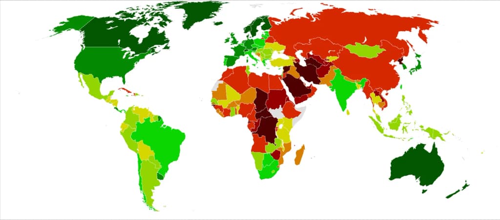 A map showing the Economist Intelligence Unit Democracy Index in the world for the year 2014. Each country's democracy is rated on a scale of 0 to 10, with 10 b