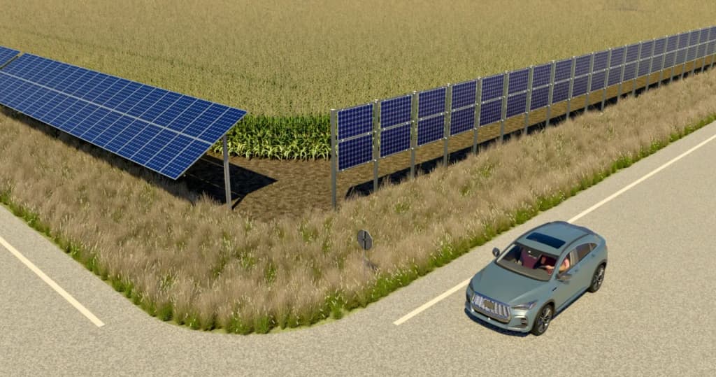 Agrivoltaics bifacial solar on the right and south facing solar array on the left. The bifacial solar arrays can be on the east and west sides of the fields, an
