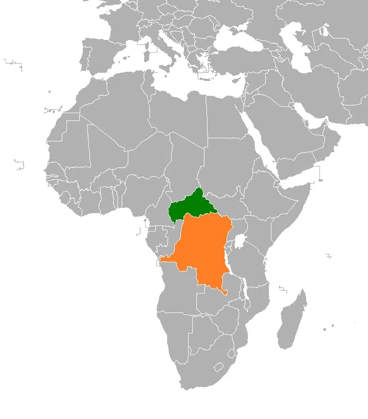 Map showing the locations of both the Central African Republic and the Democratic Republic of the Congo
