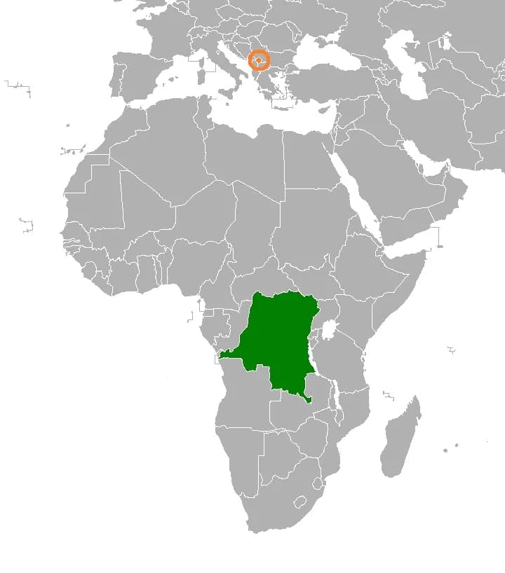 Map showing the locations of both the DR Congo and Kosovo