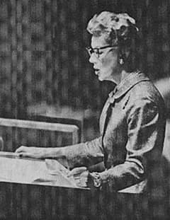 American actress Irene Dunne addresses the United Nations General Assembly about the United States' contributions towards United Nations' refugee-relief program