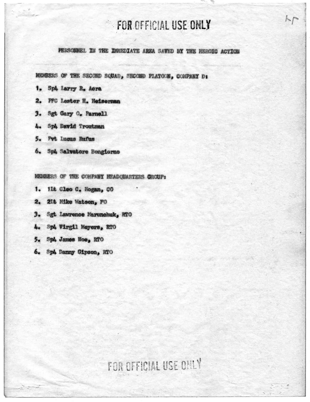 Scope and content: This list identifies the individuals whose lives were saved by the actions of Staff Sergeant Clifford C. Sims, who distinguished himself on 2