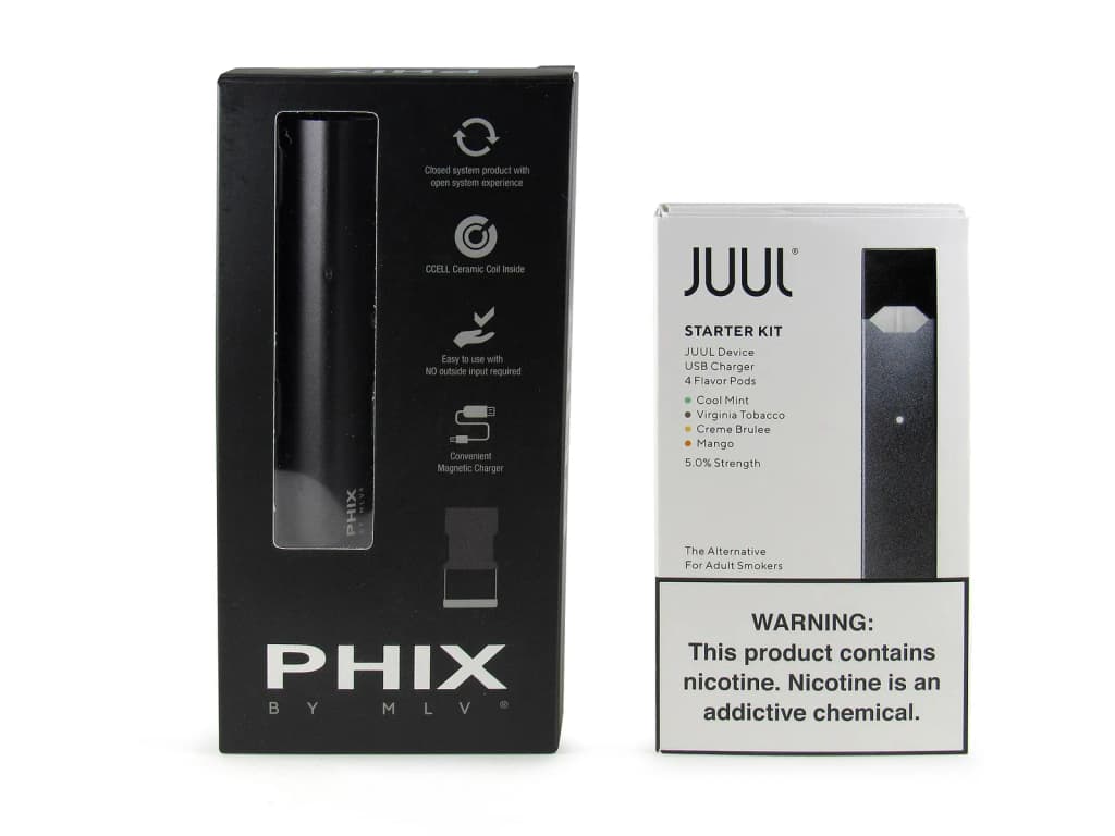 Phix and Juul vaping devices.