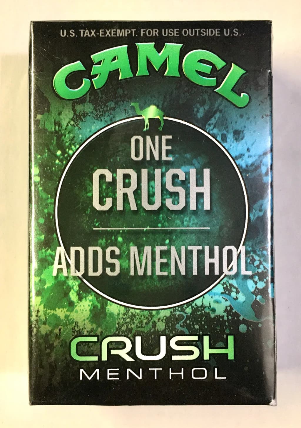 Camel Crush Menthol cigarette pack from US duty-free shop, backside (2023)