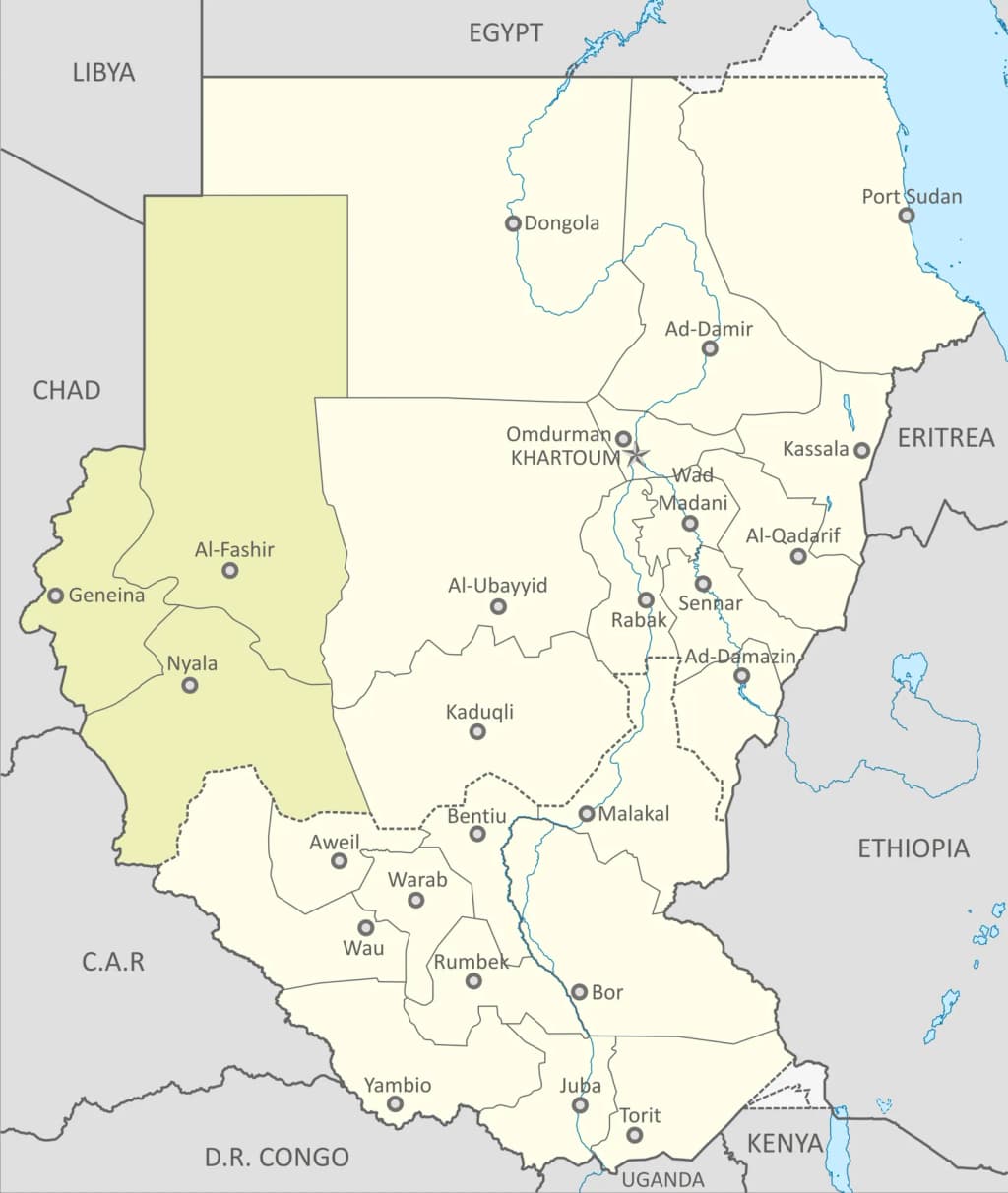 Map of Region of Darfur, Sudan
