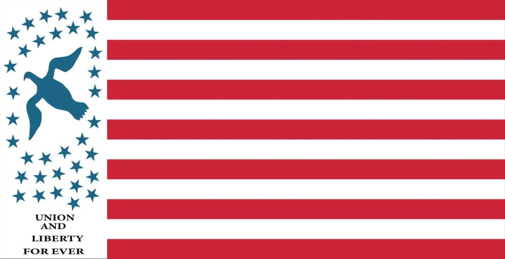 This flag is similar to the American flag, but the canton is white and stretches to the bottom of the flag. In the canton has 34 blue stars in the middle of it