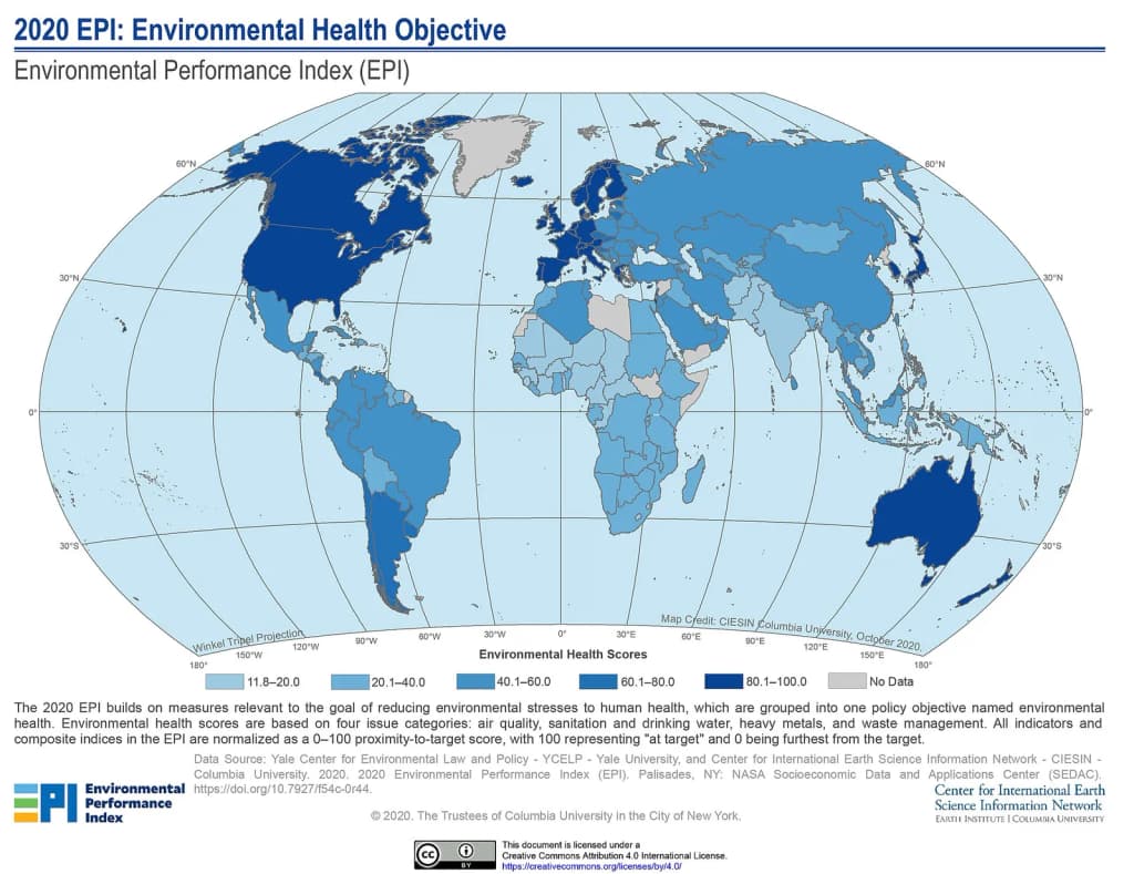 The 2020 EPI builds on measures relevant to the goal of reducing environmental stresses to human health, which are grouped into one policy objective named envir