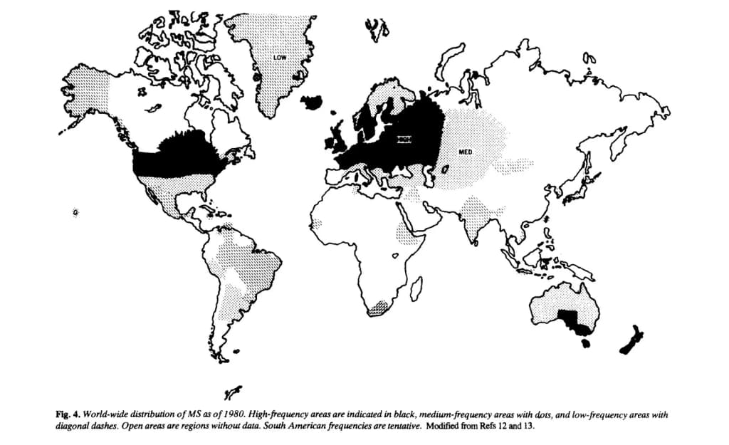 John Kurtzke world map of MS distribution, as published in TINS (Trends in Neurosciences) Volume 6, 1983, Pages 75–80