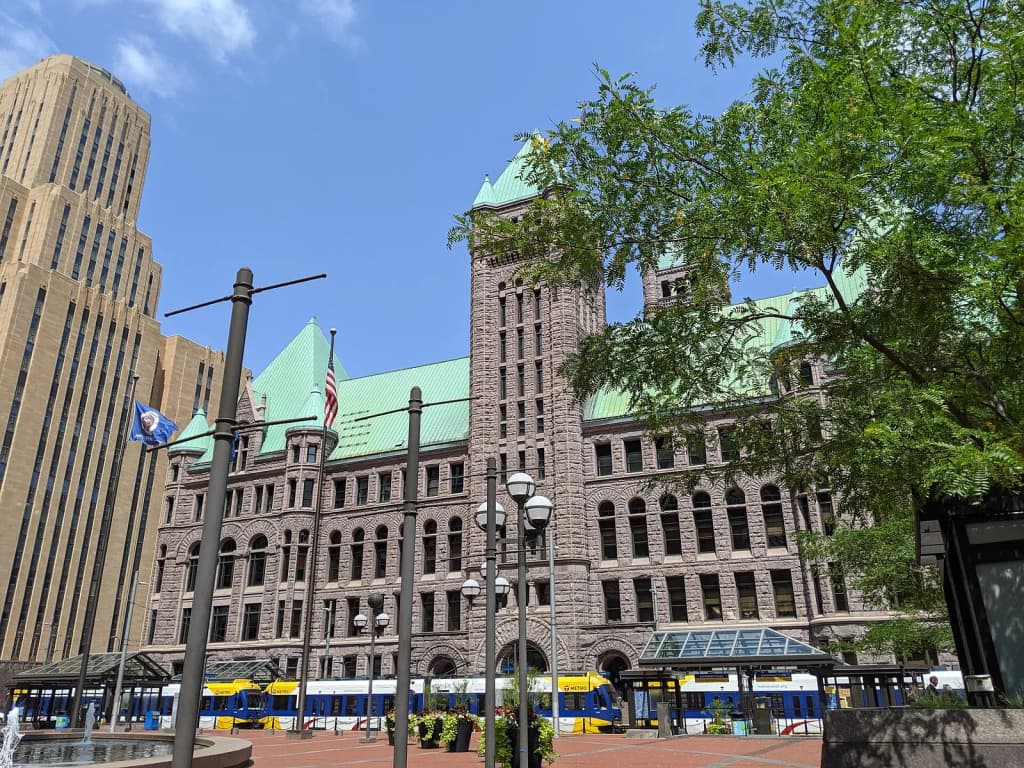 People's Plaza, and rear of Minneapolis City Hall. This is an image of a place or building that is listed on the National Register of Historic Places in the Uni