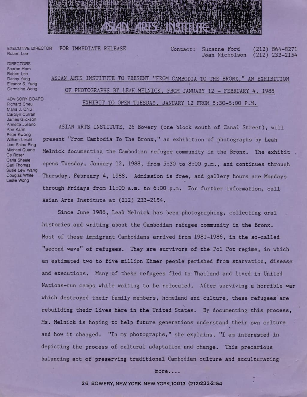 Press release for "From Cambodia to the Bronx" exhibition at the Asian Arts Institute, 1988 (page 1)