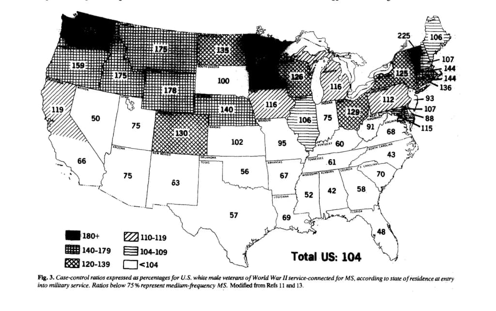 Map of MS distribution in the USA in 1983 by John Kurtzke, Veteran Administration.
