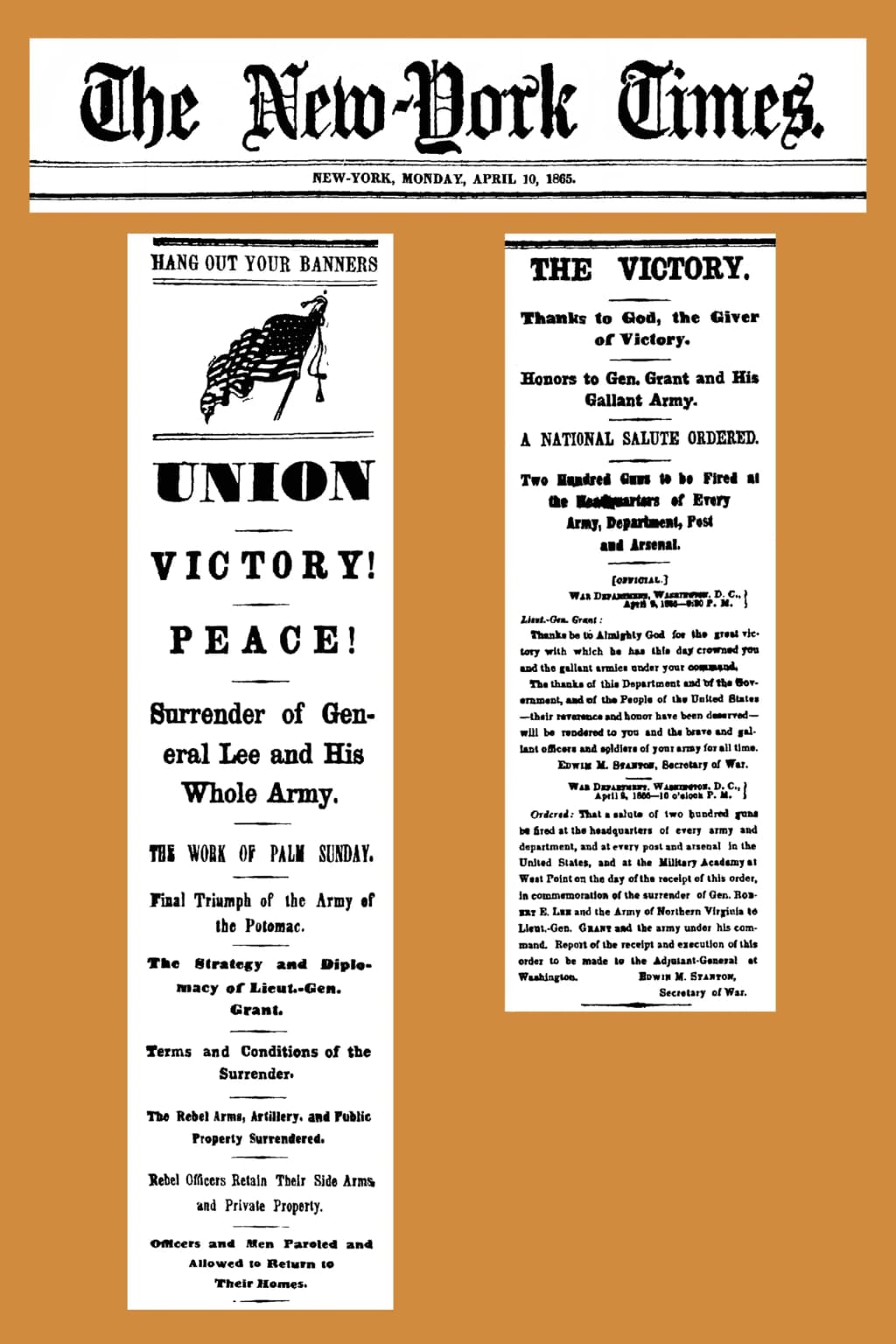 Headlines from The New York Times on April 10, 1865, reporting surrender of Confederate General Robert E. Lee to essentially end the American Civil War