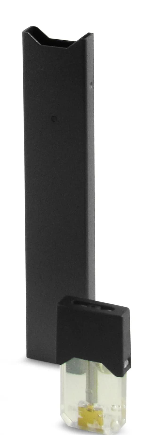 A Juul electronic cigarette, with one 'pod' next to it.