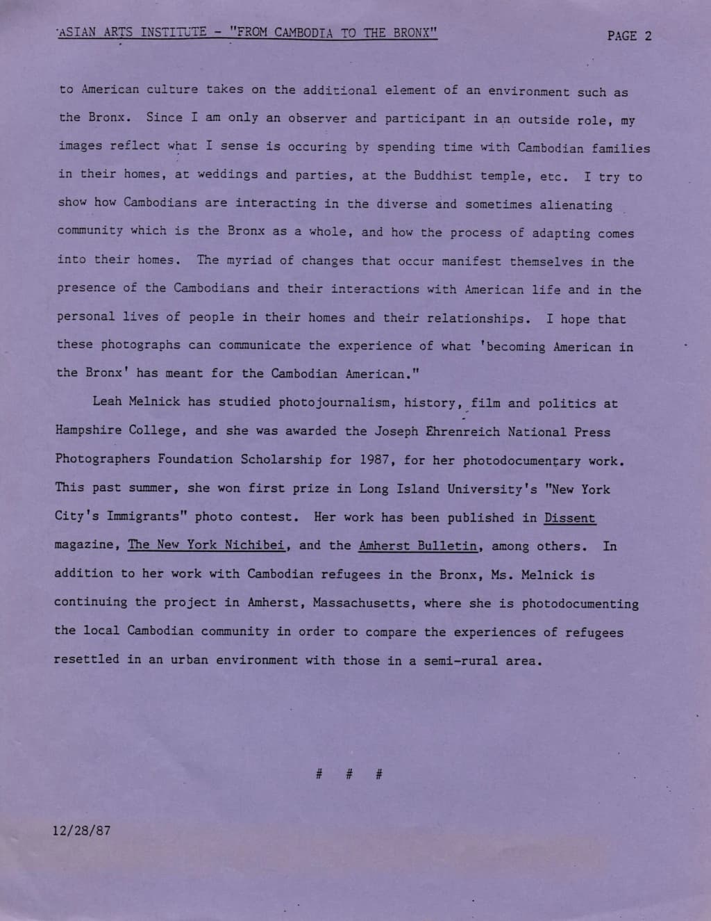 Press release for "From Cambodia to the Bronx" exhibition at the Asian Arts Institute, 1988 (page 2)